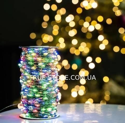 Гірлянда РОСА на катушці нитка 1000LED, 220В, 100метрів, Зелений провід, 8 режимів, Мультик колір(Не однотонна) 19090-01 фото