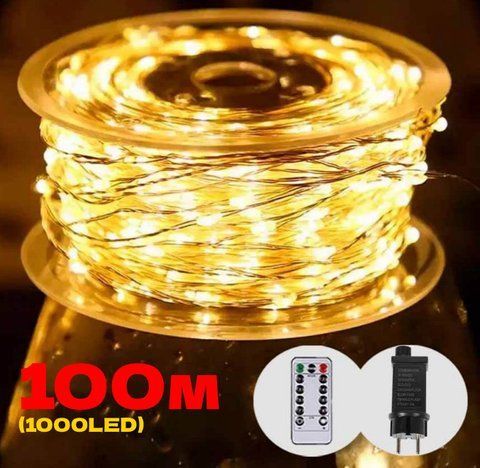 Гірлянда РОСА на катушці нитка 1000LED, 220В, 100метрів, мідний провід та 8 режимів USB + ПУЛЬТ, Теплий Білий колір 1909-07 фото