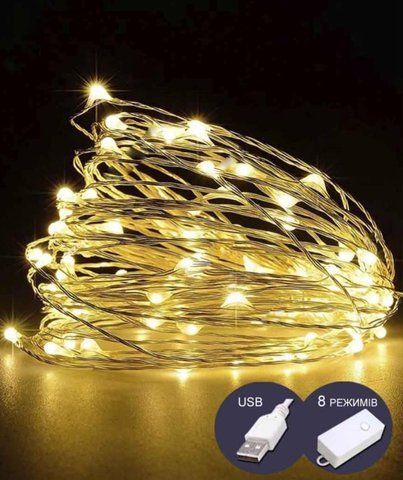 Гірлянда РОСА нитка 200LED, 220В, 20метров, 8 режимів + USB, Теплий Білий колір 1902-07 фото