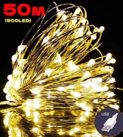 Гірлянда РОСА на катушці нитка 500LED, 220В, 50метров, 8 режимів + USB, Теплий Білий колір 1905-07 фото